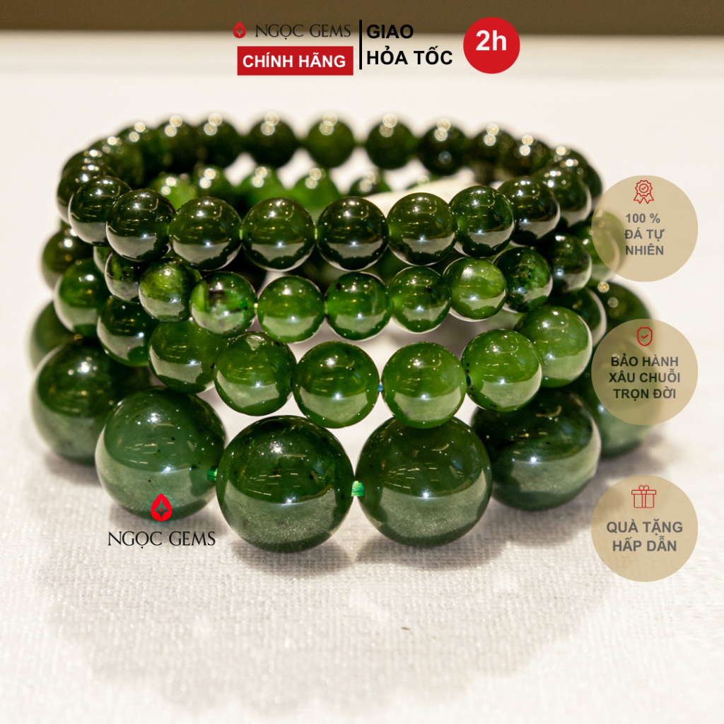 Vòng tay đá Nephrite (Ngọc Bích) xanh lá - Phù hợp cho các mệnh - Ngọc Gems