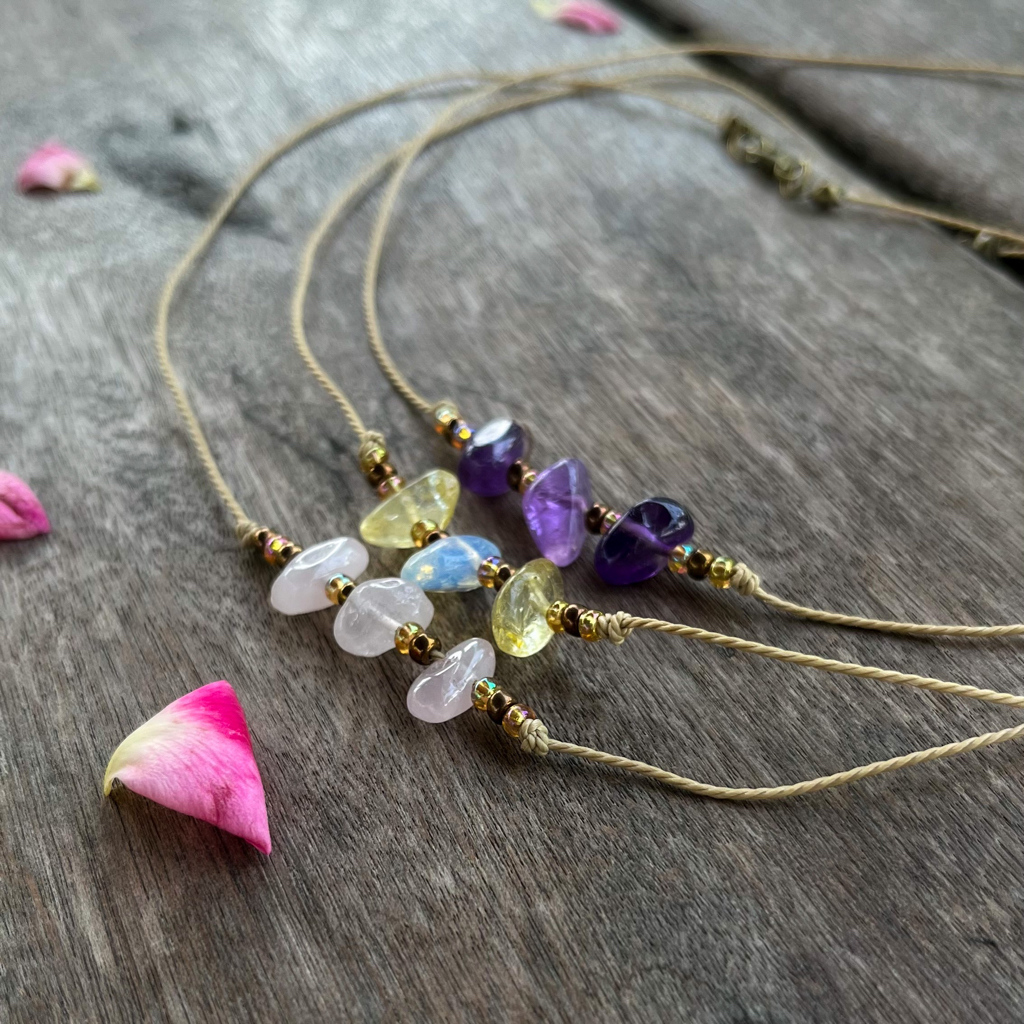 Dây chuyền cổ tinh thể Amethyst- Citrine & Opal- Rose Quarzt thô mix hạt cườm