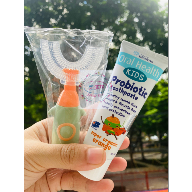 Combo kem đánh răng hữu cơ cho bé Henry Blooms Kids Probiotic - Nhập khẩu Úc & Bàn chải chữ U