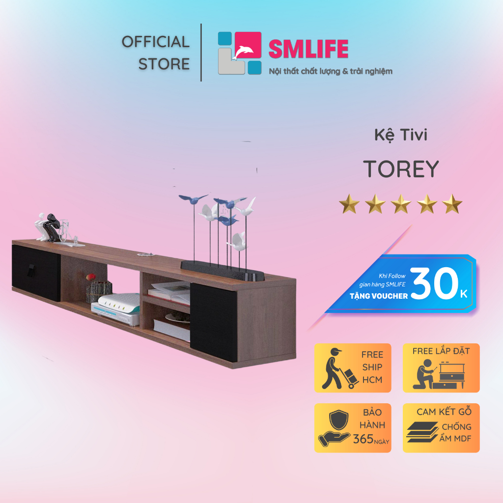 Kệ tivi gỗ treo tường phòng khách SMLIFE Torrey