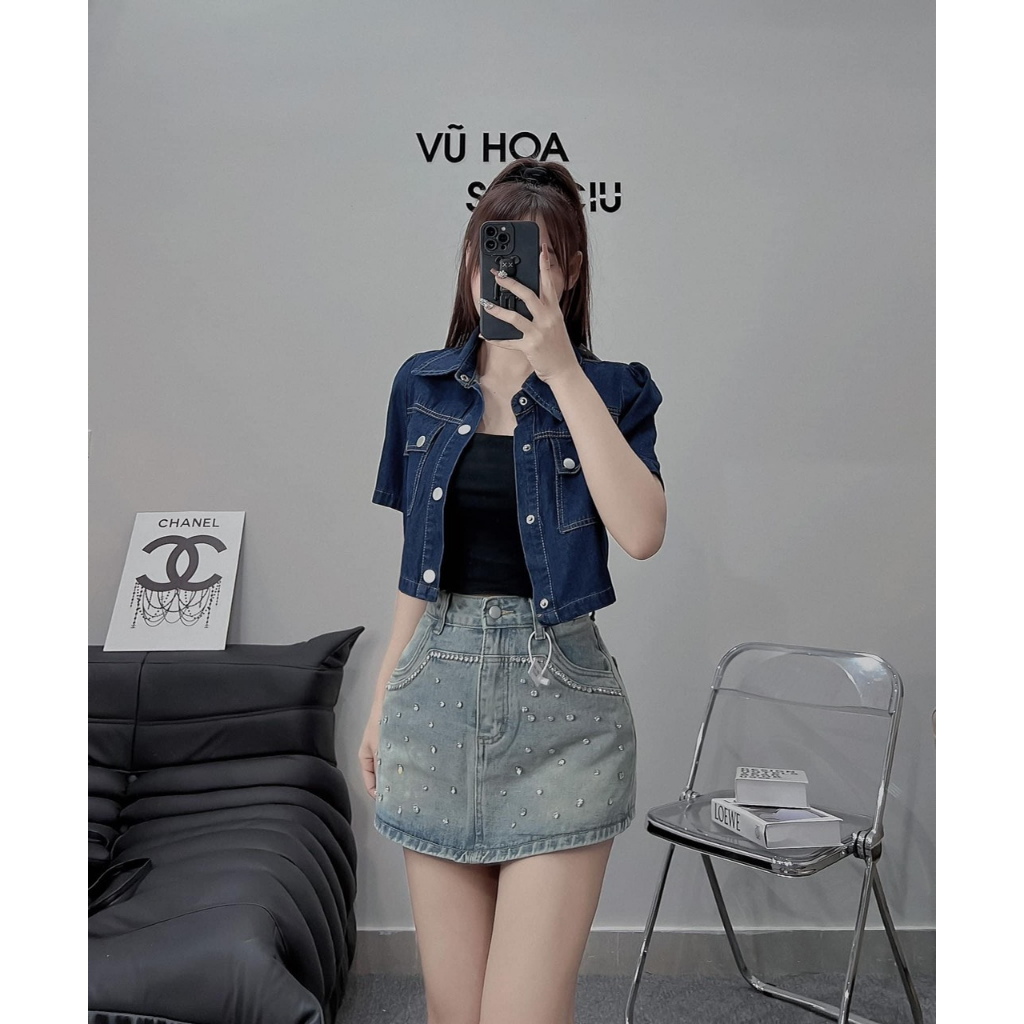 Áo sơ mi bò nữ cao cấp, Áo sơ mi jean nữ 2 túi hàng loại 1
