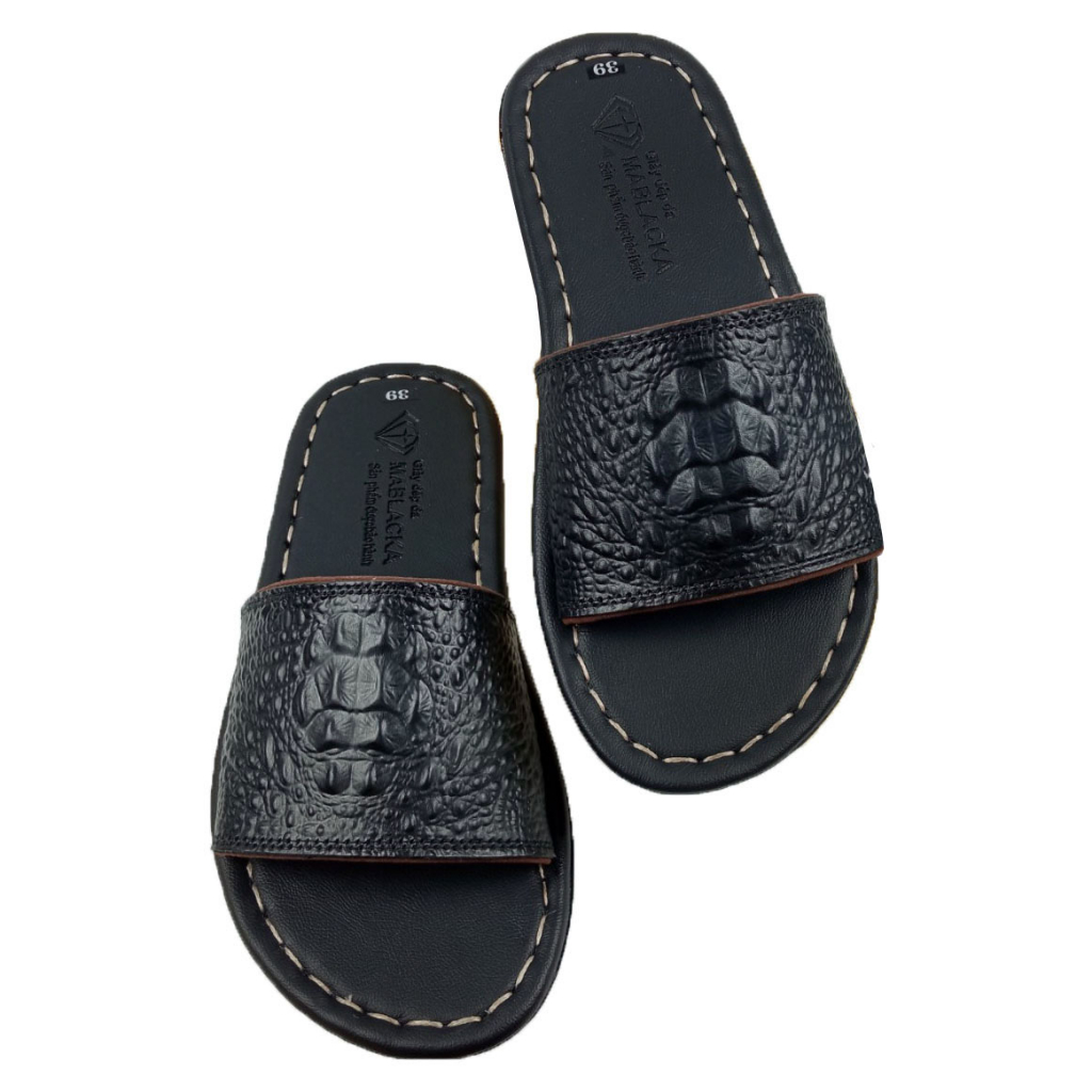 Dép nam quai ngang da bò D83 dập gù lưng ấn tượng may đế chắc chắn