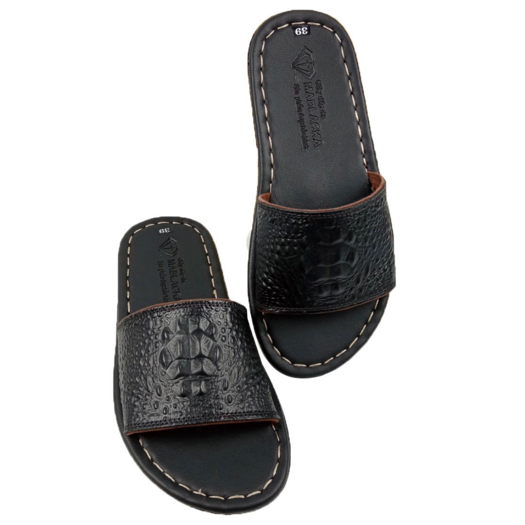 Dép nam quai ngang da bò D83 dập gù lưng ấn tượng may đế chắc chắn