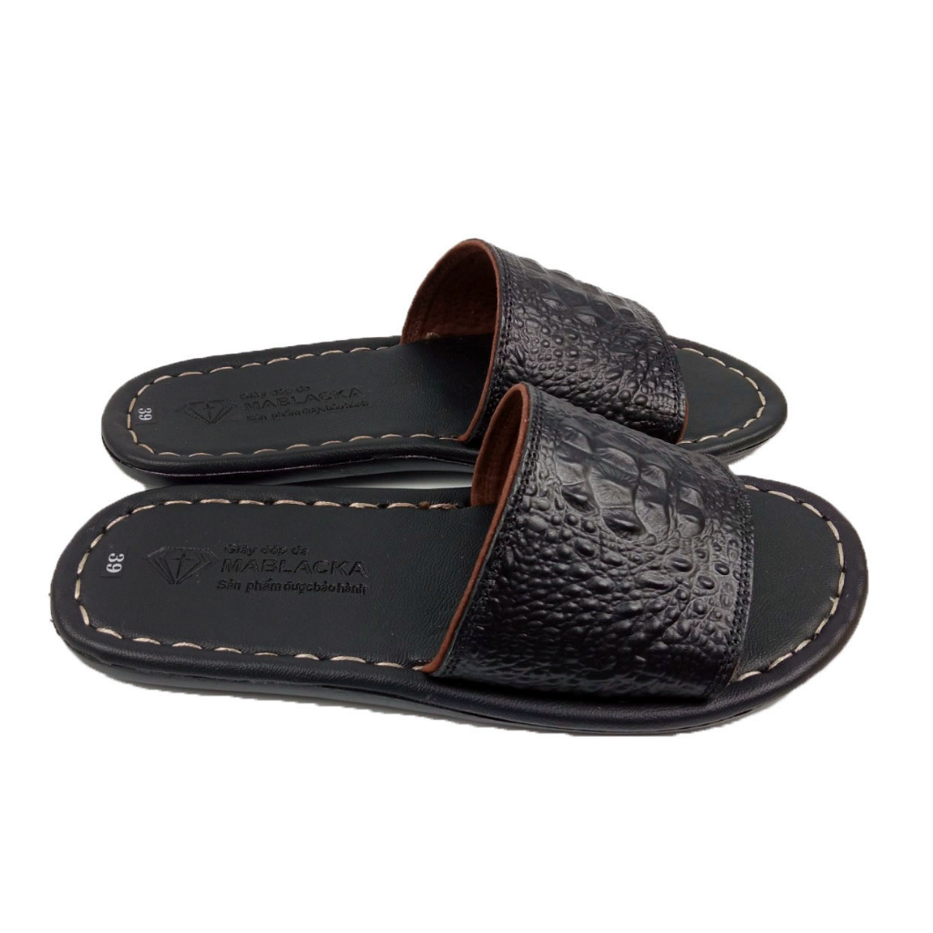 Dép nam quai ngang da bò D83 dập gù lưng ấn tượng may đế chắc chắn