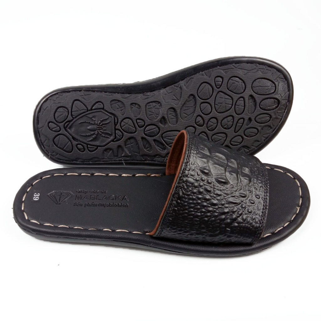 Dép nam quai ngang da bò D83 dập gù lưng ấn tượng may đế chắc chắn