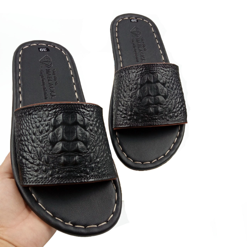 Dép nam quai ngang da bò D83 dập gù lưng ấn tượng may đế chắc chắn