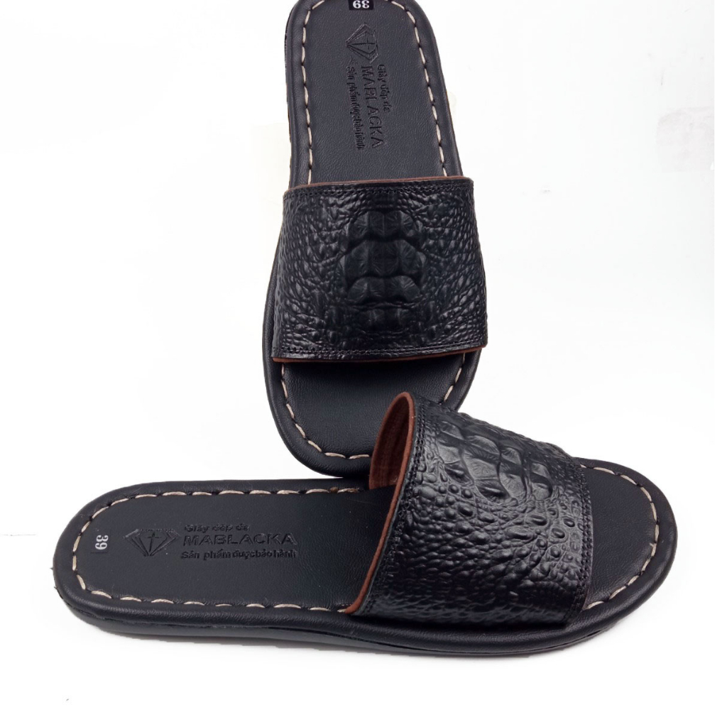 Dép nam quai ngang da bò D83 dập gù lưng ấn tượng may đế chắc chắn