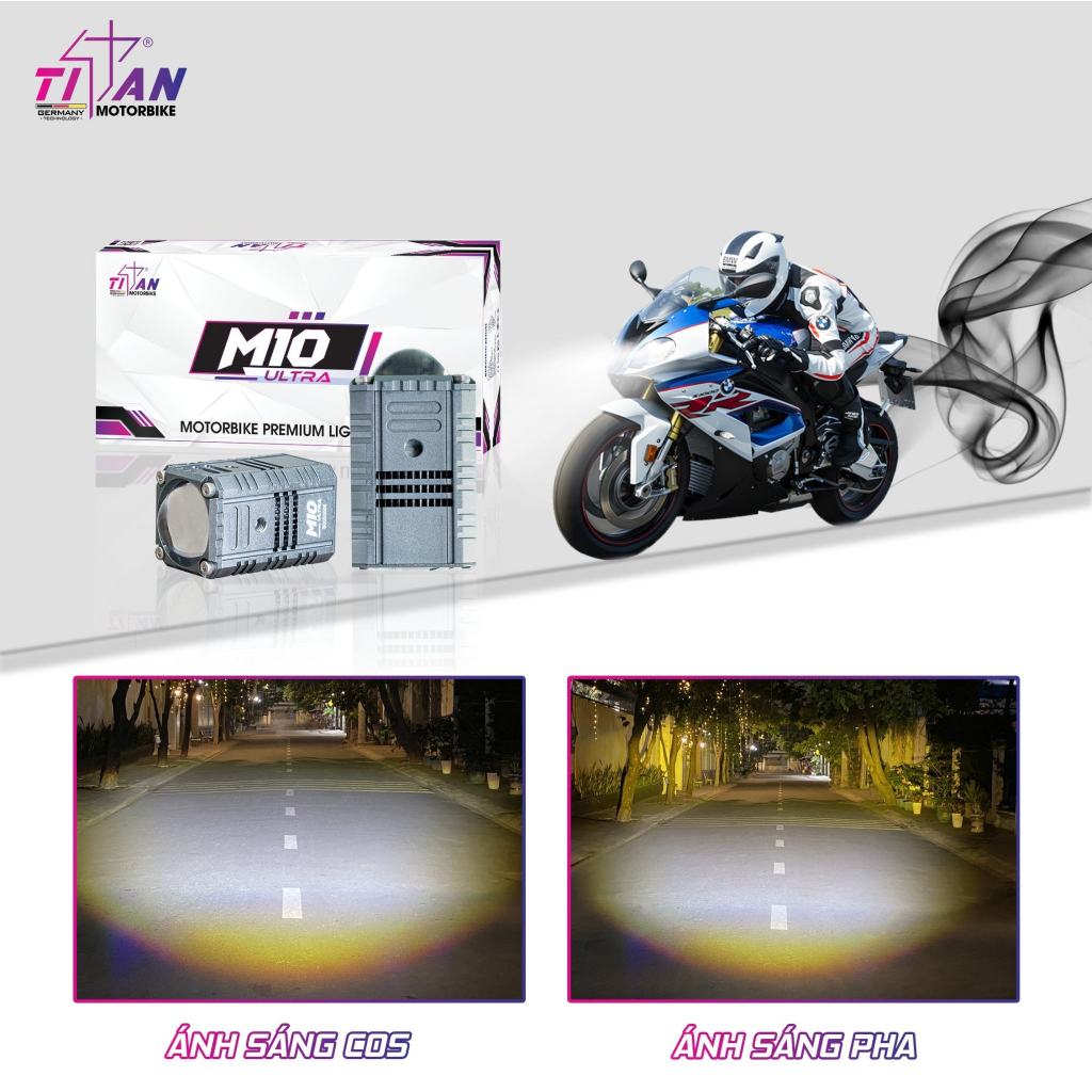 Đèn trợ sáng bi cầu M10 Ultra Titan chống nước tuyệt đối  chính hãng mẫu mới 2023 gắn Mô tô, xe máy bảo hành 1 năm
