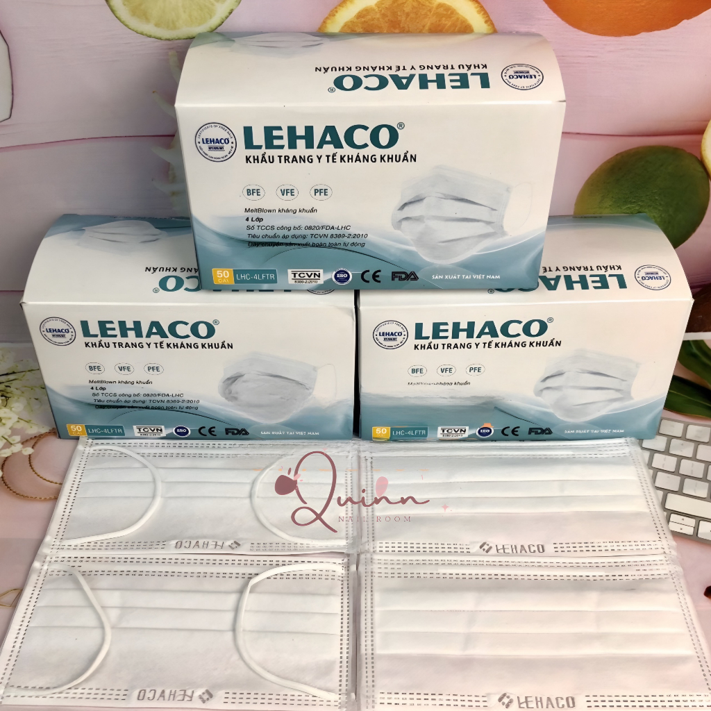 Khẩu trang 4 lớp Màu Trắng Kháng Khuẩn 50 cái/ hộp - Khẩu trang y tế Lehaco