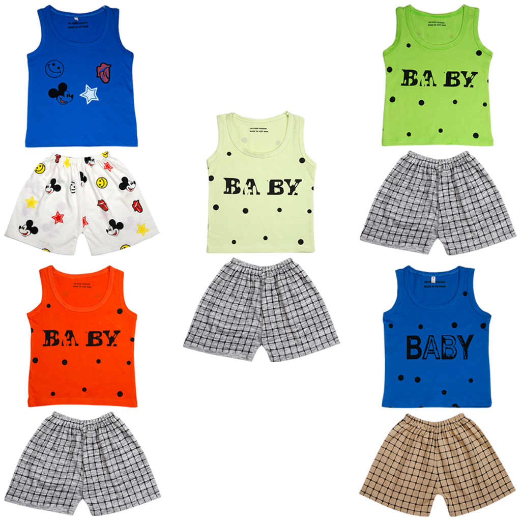 Set 5 Bộ ba lỗ cotton   co giãn 2 chiều cho bé 3-14kg BBL , hình in thay đổi theo lô