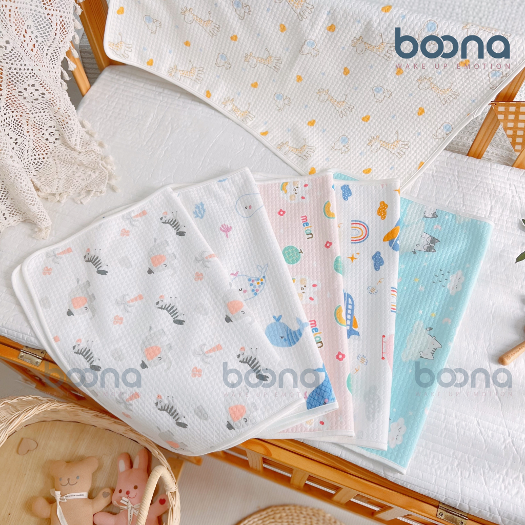 Tấm lót chống thấm cao cấp Boona - Lót thay bỉm Cotton Oragnic Ovoan mềm mại, thoáng khí cho bé KT 50*70cm