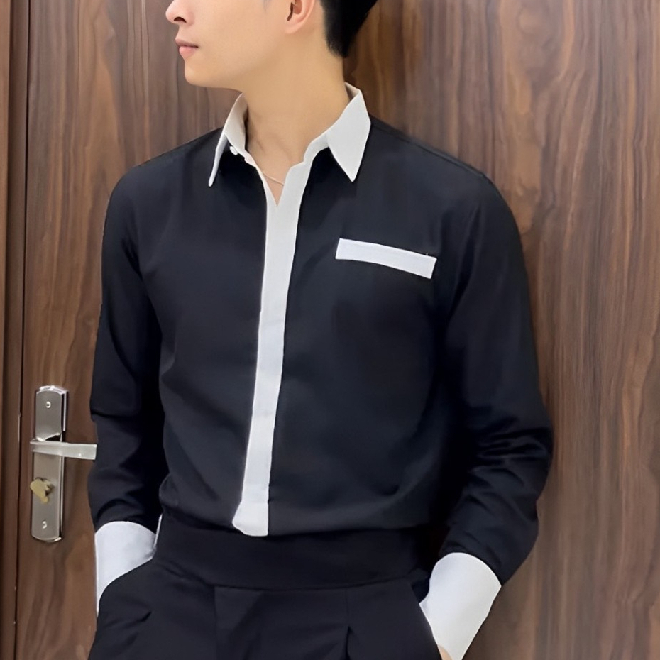 Áo Sơ Mi Nam Dài Tay Phối Màu Trắng Đen Vải Mịn Thoáng Mát Đẹp Form Hàn Quốc
