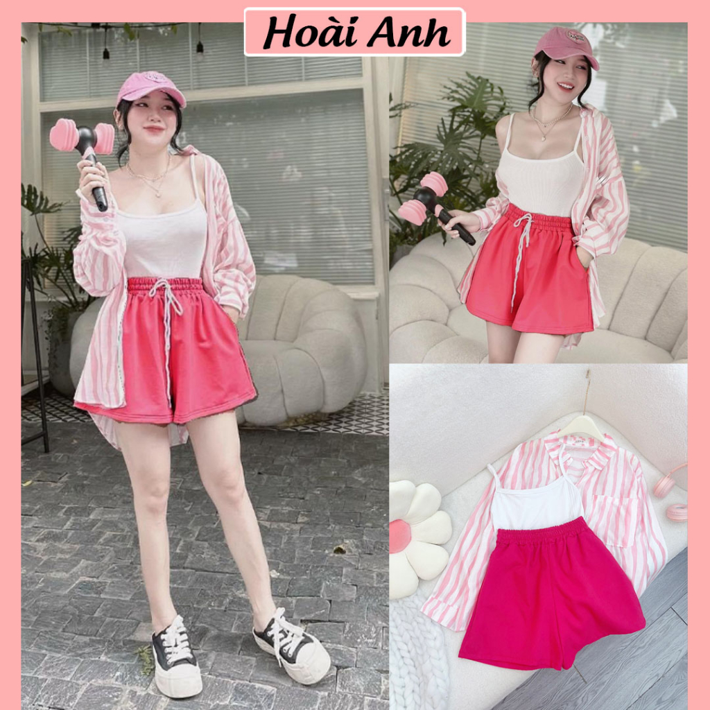 Set Bộ Đồ Nữ 3 Món Hồng Áo Sơ Mi Kẻ Sọc Dài Tay Kèm Áo 2 Dây Trắng Mix Quần Sooc Đùi Hồng Freesize