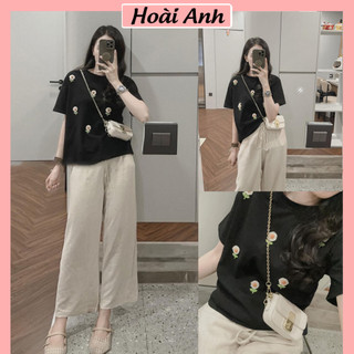 Set Bộ Đồ Nữ Áo Phông Đen Gắn Hoa Nổi Ngắn Tay Mix Quần Đũi Suông Ống Rộng 