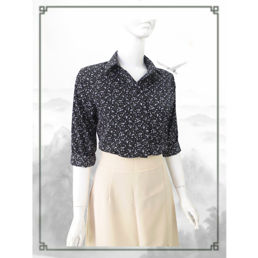 Áo somi nữ, tay dài, lụa Nhật nền đen hoa nhí trắng