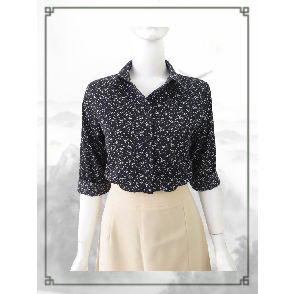 Áo somi nữ, tay dài, lụa Nhật nền đen hoa nhí trắng