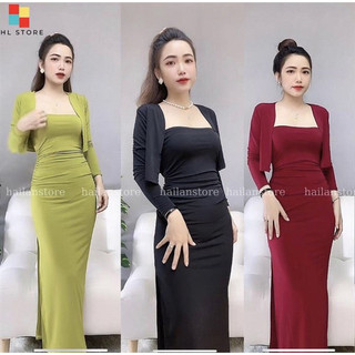 Set đầm nữ 2 món, đầm thun gân 2 dây dáng dài qua gối xẻ tà kèm áo khoác ngoài tay dài sexy, quyến rũ mtb