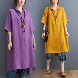 Đầm sơ mi suông linen cộc tay dáng dài đuôi tôm