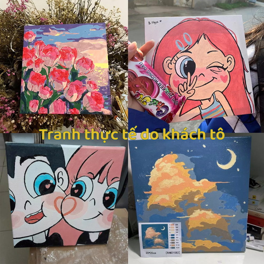 TRANH TÔ MÀU THEO SỐ HÓA, tranh sơn dầu số hóa mini cặp đôi 20x20 theo yêu cầu gam phong cảnh anime