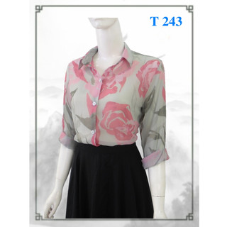 Áo somi nữ, tay dài, voan tơ nền xám hoa hồng T 243