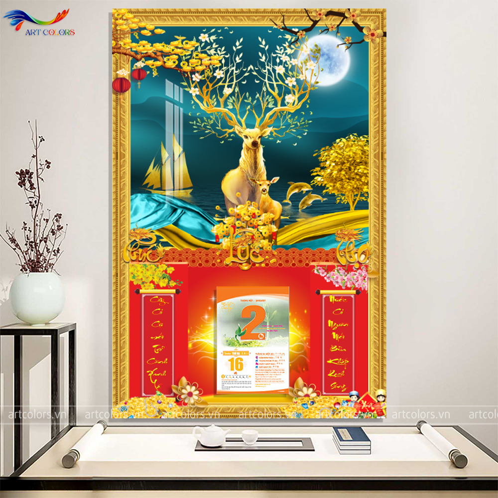 Lịch Gỗ Treo Tường Tráng Gương Hươu Tài Lộc 2024  TẶNG BLOC ĐẠI