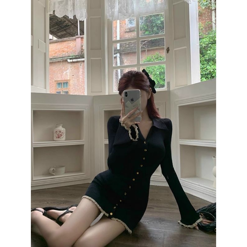 ĐẦM GÂN BODY ĐEN CỔ SƠ MI TAY DÀI PHỐI BÈO REN KEM