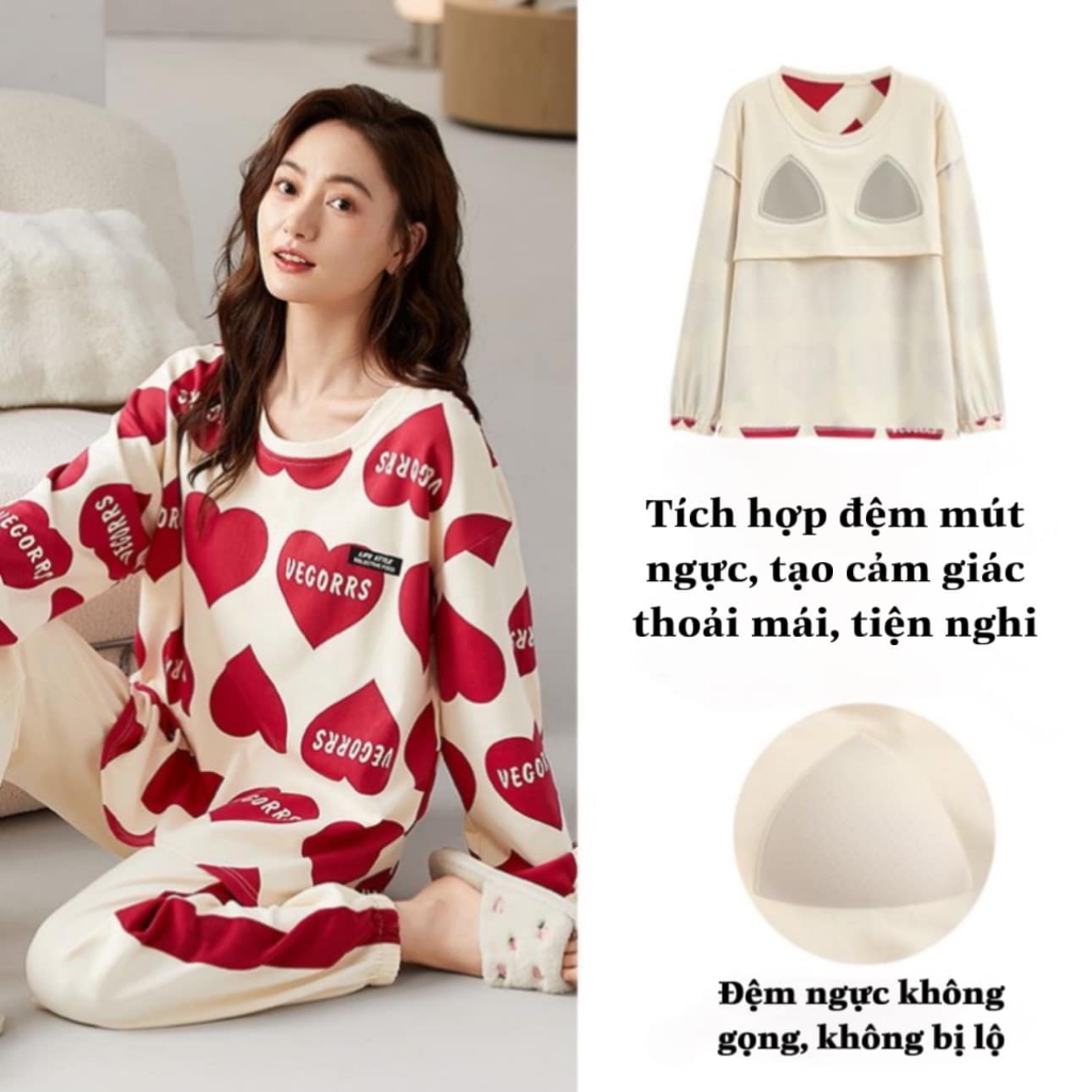 Bộ Mặc Nhà Cotton Dài Tay Thu Đông Có Miếng Đệm Lót Ngực Dày Dặn