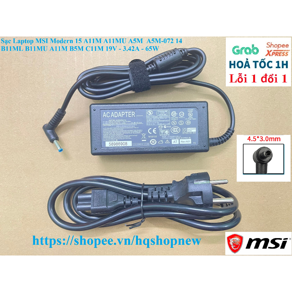 ⚡️ Sạc Laptop MSI Modern 15 A11M A11MU A5M  A5M-072 14 B11ML B11MU A11M B5M C11M 19V - 3.42A - 65W