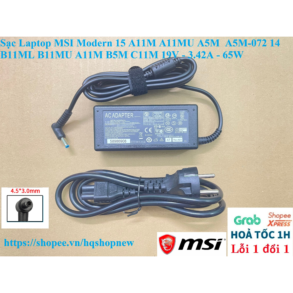 ⚡️ Sạc Laptop MSI Modern 15 A11M A11MU A5M  A5M-072 14 B11ML B11MU A11M B5M C11M 19V - 3.42A - 65W