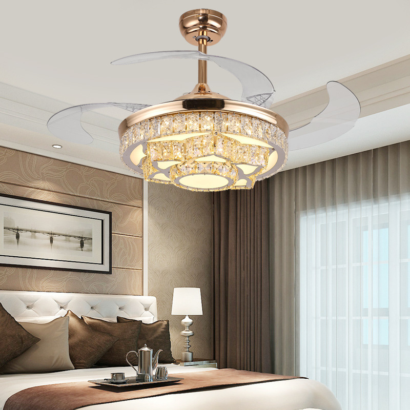 Quạt đèn chùm MONSKY CIZOMI LED 6 số pha lê cánh ABS phong cách hiện đại dùng điều khiển từ xa