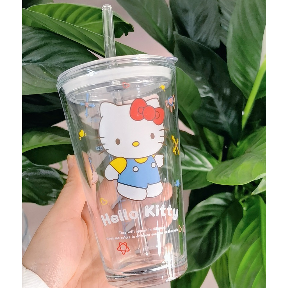 🌸LY THỦY TINH HELLO KITTY CÓ VẠCH CHIA KÈM ỐNG HÚT