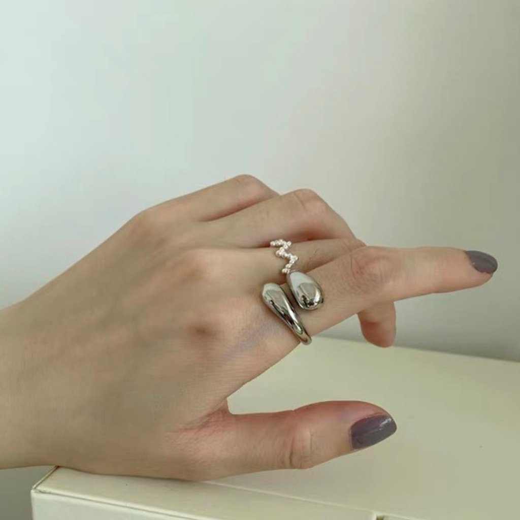 Nhẫn mạ bạc 925 Tyche Wave thiết kế đơn giản oversize, phong cách Ritro thủ công dành cho cả nam và nữ TYCHE JEWELRY