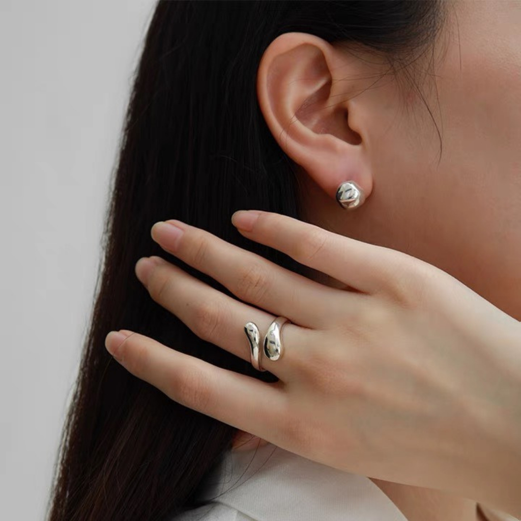Nhẫn mạ bạc 925 Tyche Wave thiết kế đơn giản oversize, phong cách Ritro thủ công dành cho cả nam và nữ TYCHE JEWELRY