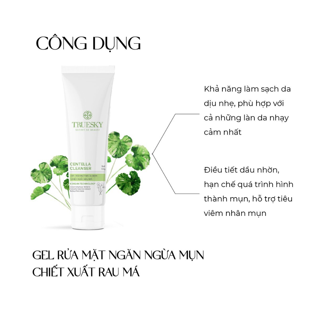 Gel rửa mặt ngăn ngừa mụn Truesky Centella Cleanser chiết xuất rau má 50g - Truesky Việt Nam