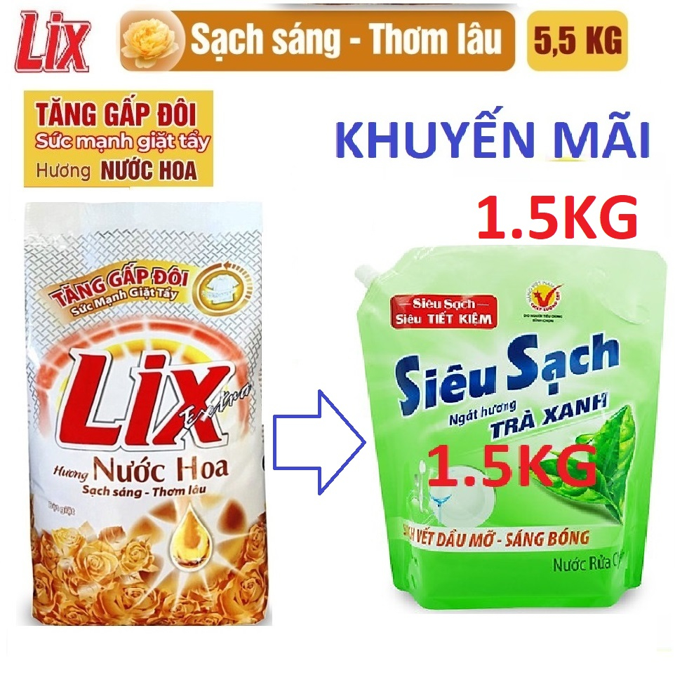 Bột giặt Lix Extra hương nước hoa 5.5Kg tăng gấp đôi sức mạnh giặt tẩy