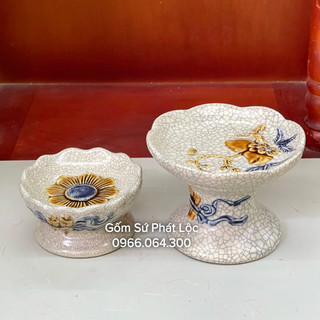 Chân nến men rạn đắp nổi, đế nến men rạn Bát Tràng thờ cúng