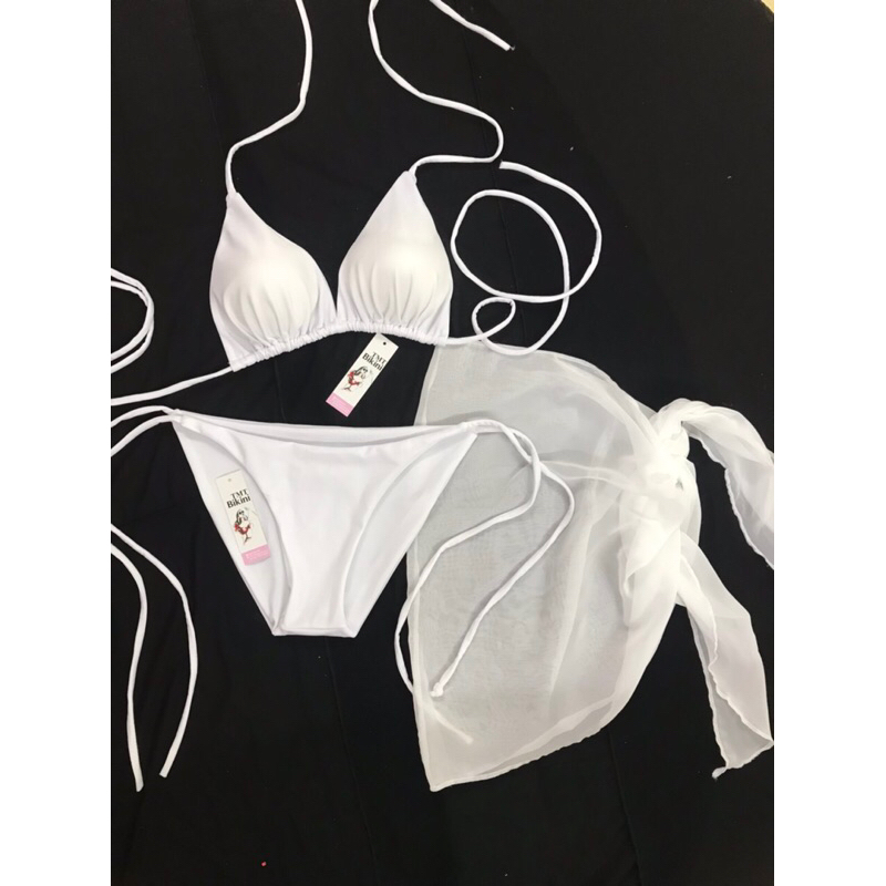 Bikini . Đồ bơi nữ 3 mảnh bassi kèm voan quần tam giác kín Mông