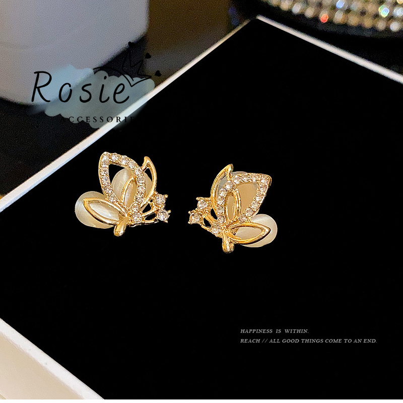 Khuyên Tai Mạ Vàng Hình Bướm Gắn Đá Mắt Mèo Roise Accessories