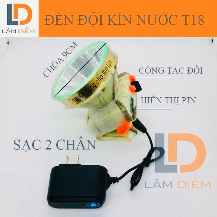 Đèn pin sạc đội đầu siêu sáng kín nước công tắc đôi hiển thị dung lượng pin T18