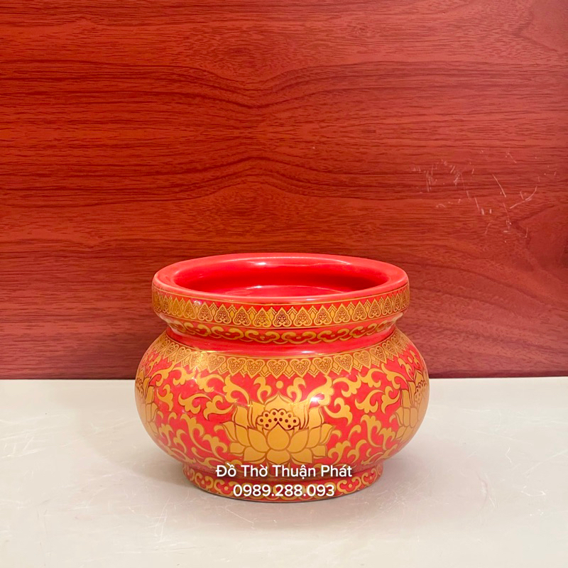 Bộ đồ thờ thần tài, gia tiên màu đỏ gấm, bát hương sứ màu đỏ