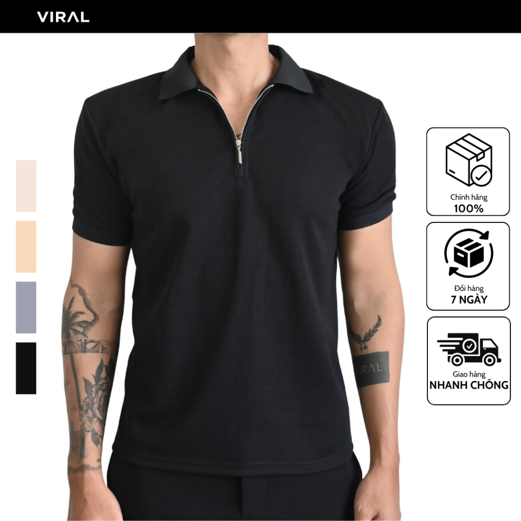 Áo Nam Polo Màu Đen Phối Khoá Zip Vải Waffle - Black Waffle Zipped Polo V VRCL VIRAL CLOTHING