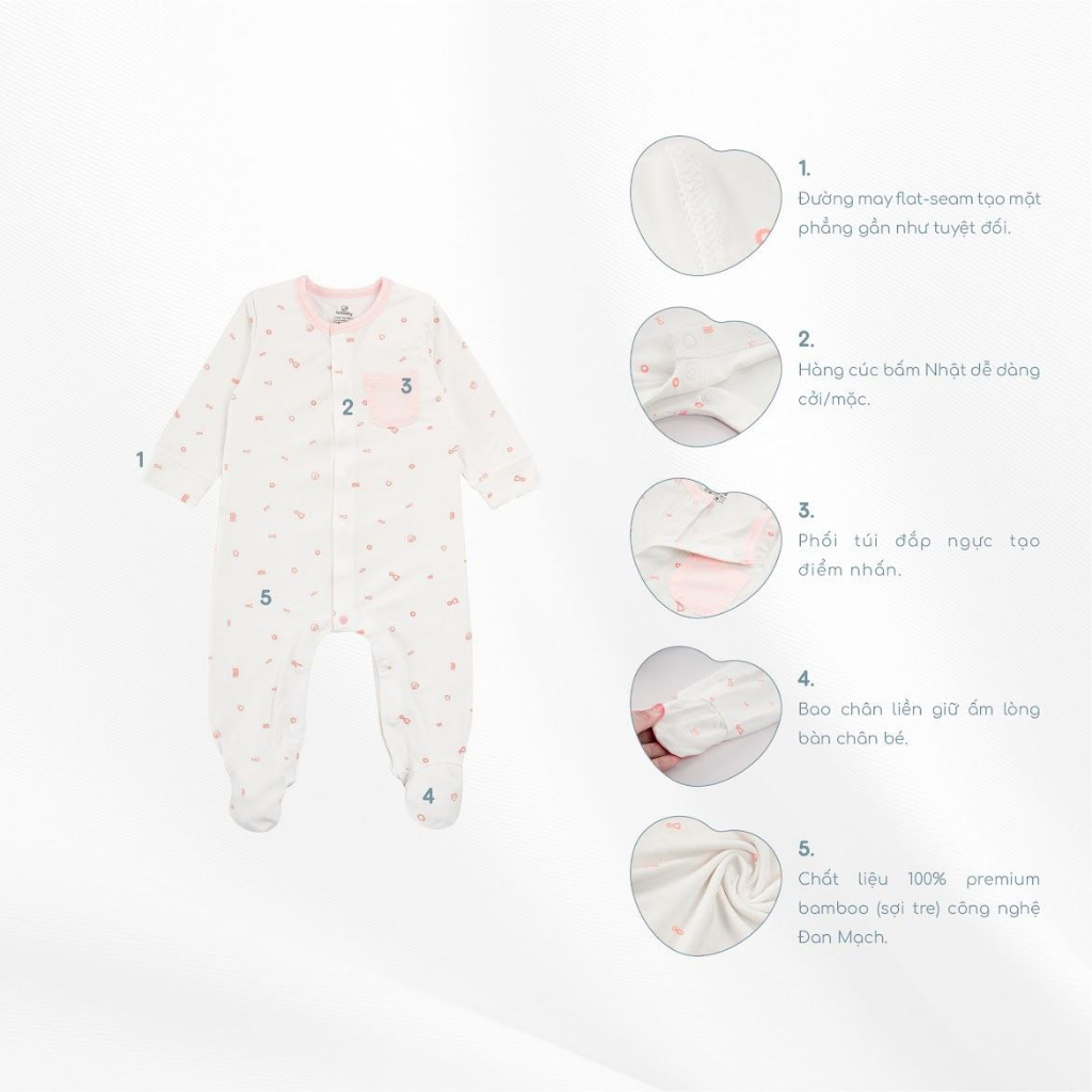 BUBABY Body dài tay cài giữa Bambus Signature áo liền quần