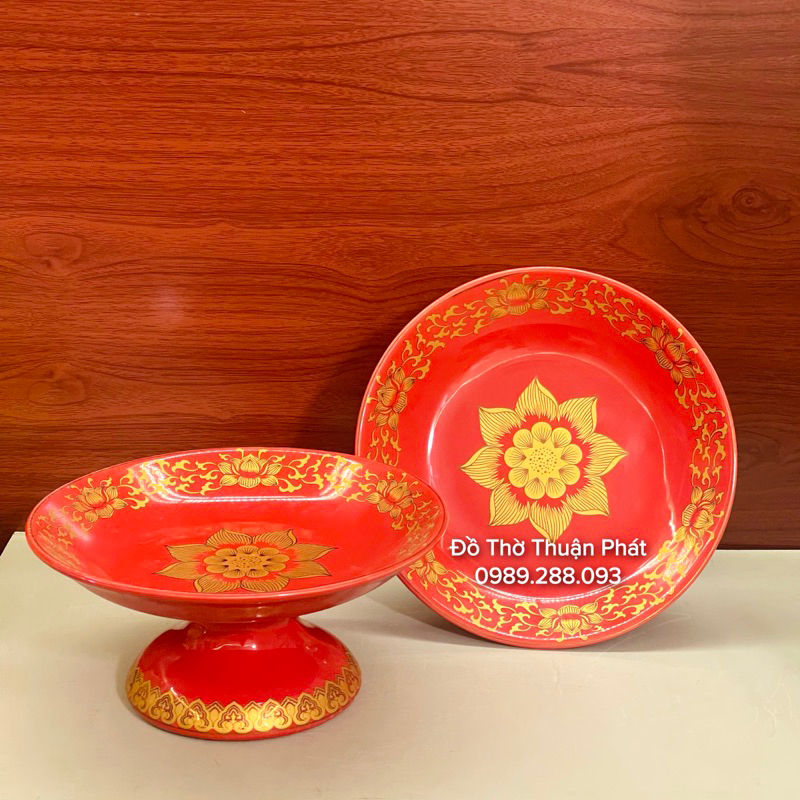 Bộ đồ thờ thần tài, gia tiên màu đỏ gấm, bát hương sứ màu đỏ