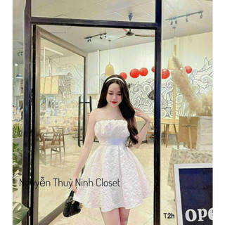 Đầm Hai Dây Gấm Xốp trễ vai dáng xòe thiết kế hoa nổi phối dây cườm ngọc siêu hot đi tiệc đi chơi M2-32