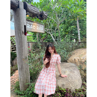 Đầm caro cổ vest chun eo