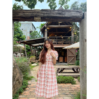Đầm caro cổ vest chun eo