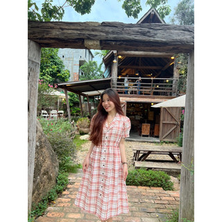 Đầm caro cổ vest chun eo