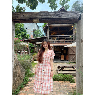 Đầm caro cổ vest chun eo