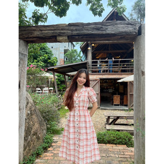 Đầm caro cổ vest chun eo
