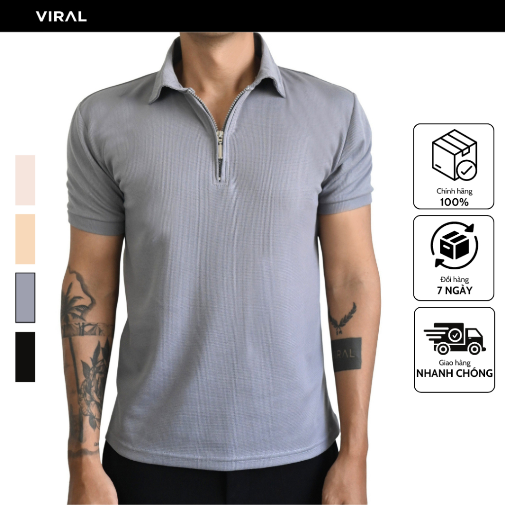 Áo Nam Polo Màu Smoke Grey Phối Khoá Zip Vải Waffle - Smoke Grey Waffle Zipped Polo V VRCL VIRAL CLOTHING